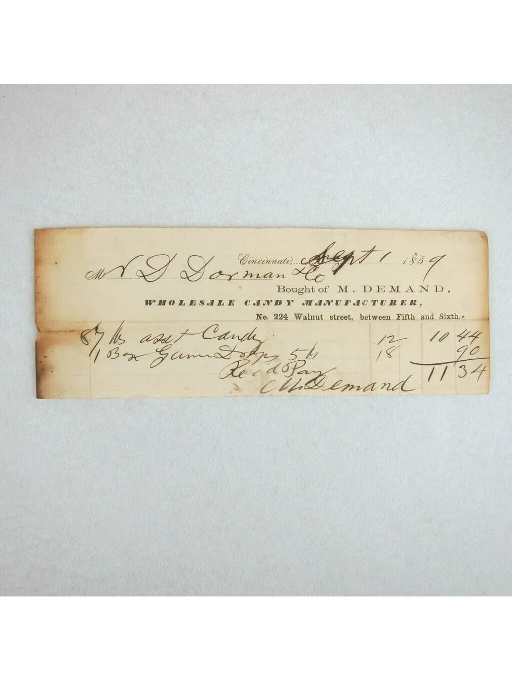 Antique 1859 M. Demand Wholesale Candy Manufacturer Cincinnati Receipt Invoice